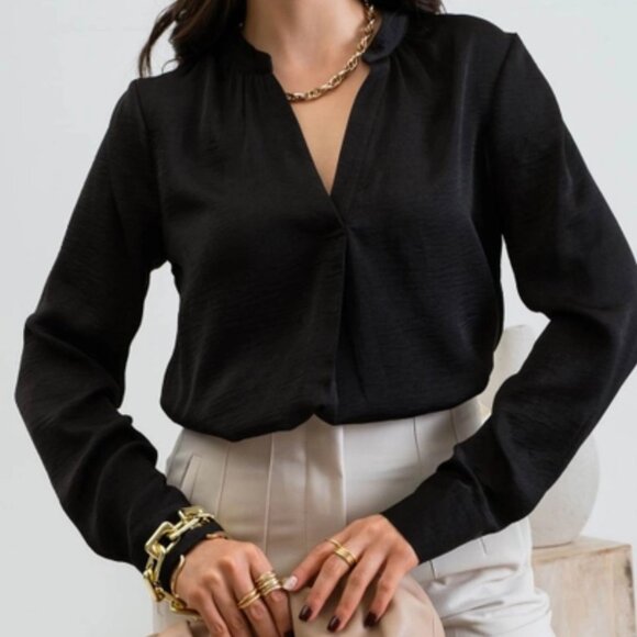New Black V Neck Blouse Womens Large Relaxed Fit Blu Pepper Quiet Luxury - Picture 1 of 14